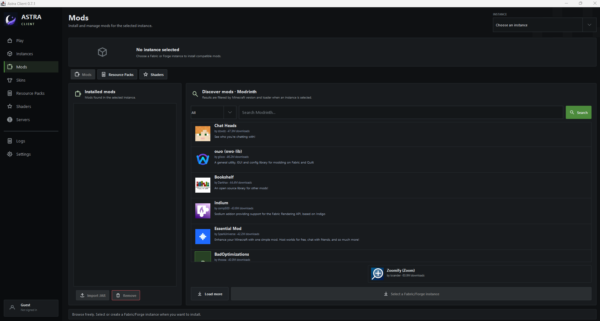 Astra Client's mod browser with instance selection and installed mods